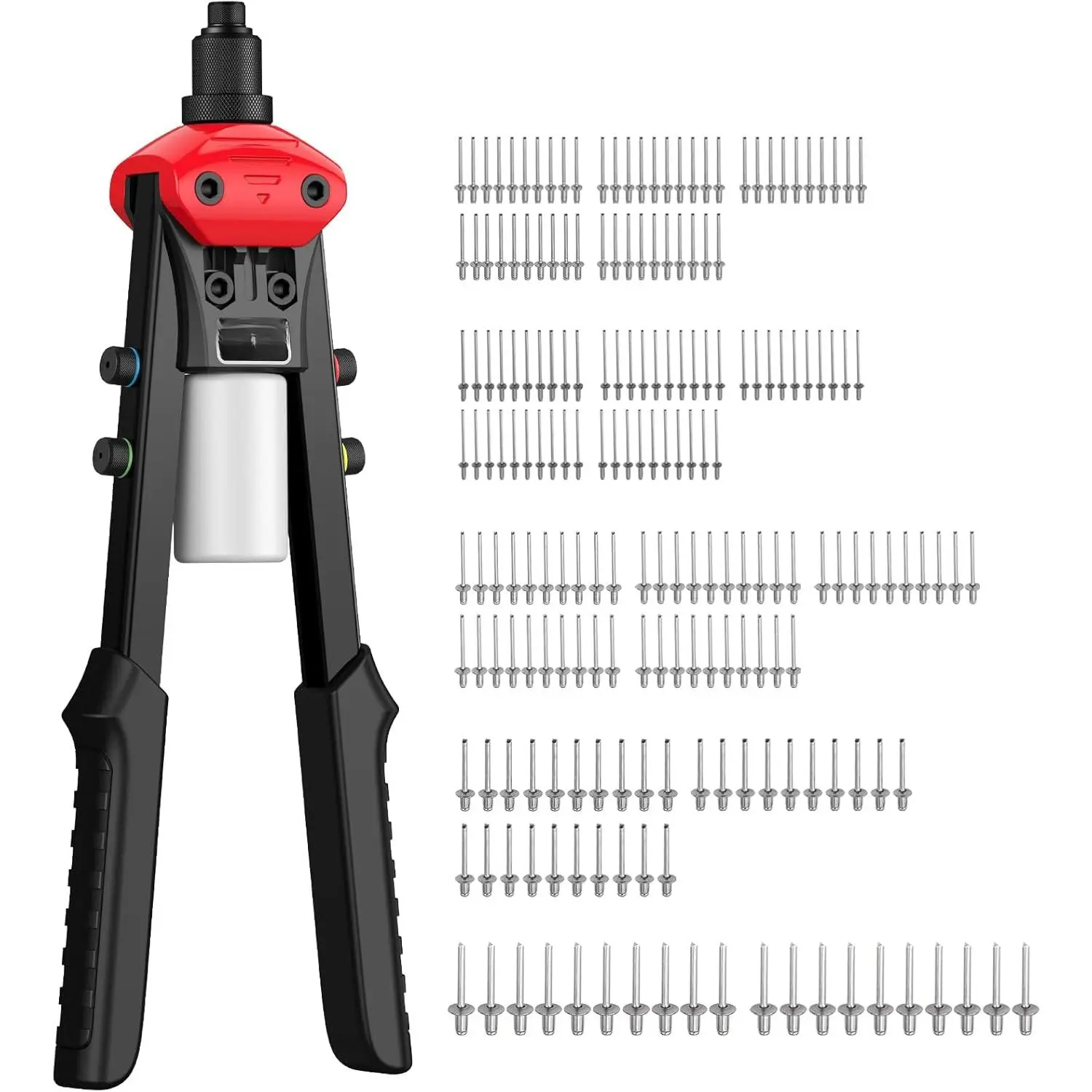 13" Heavy Duty Hand Riveter Tool Professional Pop Rivet Gun Rivet Tool Kit with 200PCS Rivets & 5 Nosepieces  DIY Enthusiasts & Homeowners Used in Automotive RV Gutter Boat Metal Work
