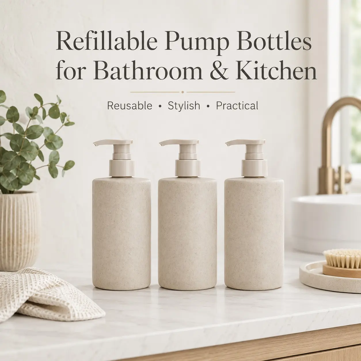 3 Pack 300ML Refillable Pump Bottles, Wheat Straw Soap Dispenser for Shampoo, Lotion, Hand Wash, Shower, Bathroom & Kitchen Use
