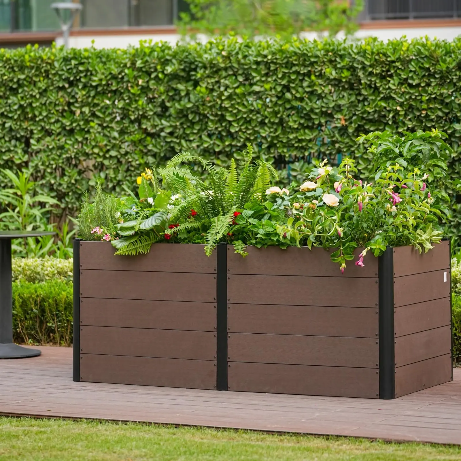 IdealHouse Mobile Wood-Look Elevated Planting Box with Wheels - Durable Composite Horticulture Planter Box, Modular Panels Square Raised Bed, Outdoor Patio Vegetable/Herb Planter, Deep Root Design, Open-Bottom Drainage, Easy Assembly