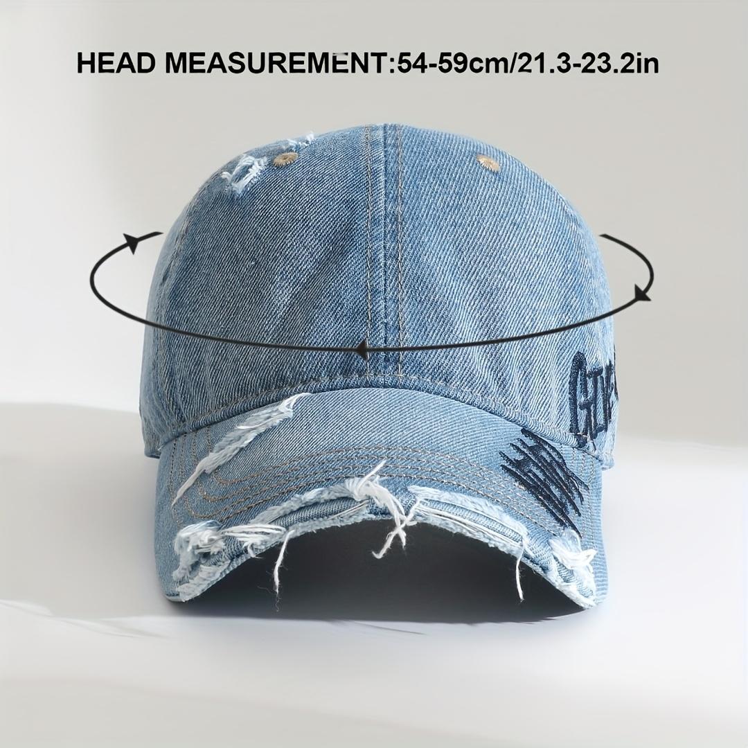 Two-pack of women's hats, stylish retro washed and distressed blue baseball caps, with vintage lettering embroidery on the sides, frayed brim, simple wide brim that shows off the face, windproof hiking hats, unisex and versatile style, adjustable size.