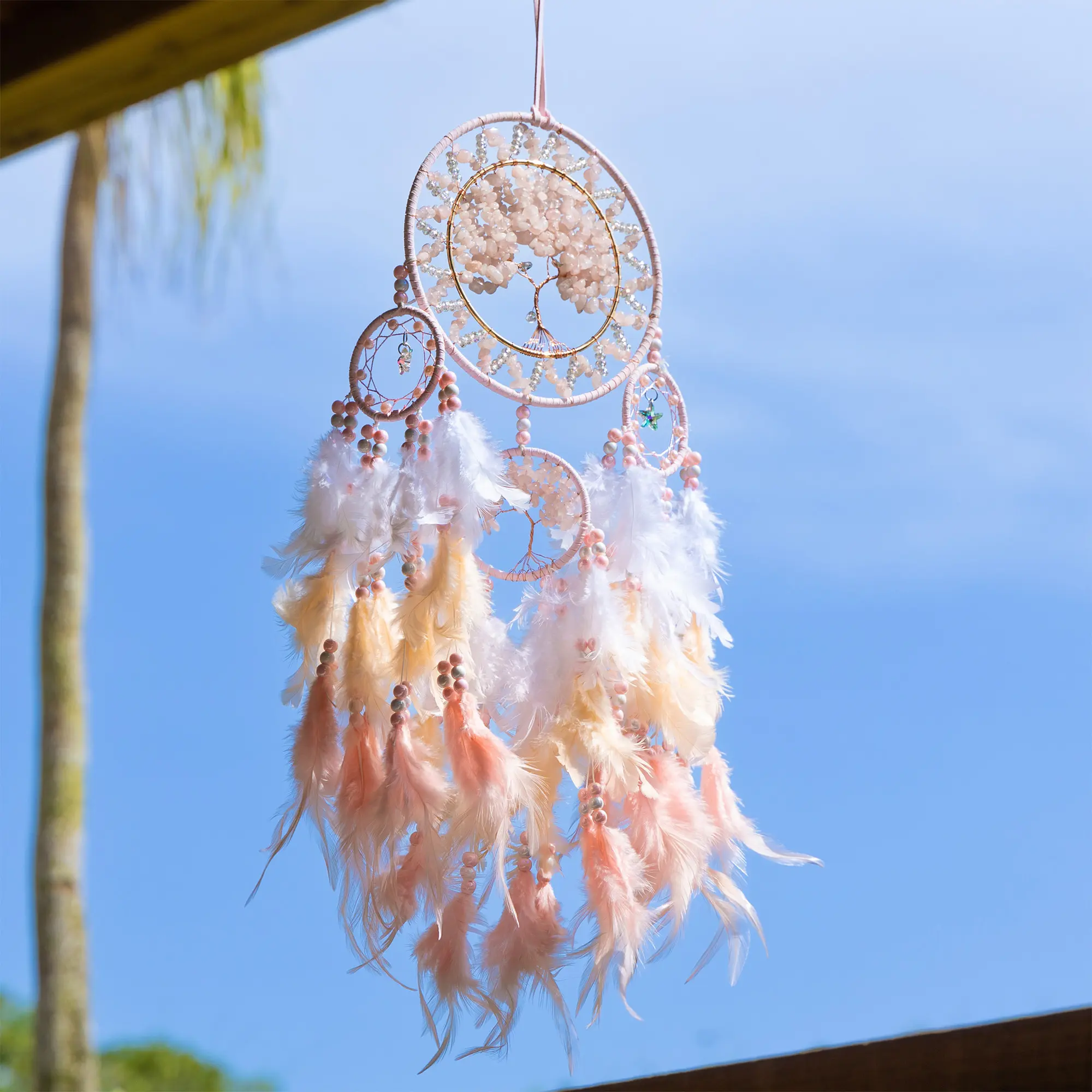 Tree of Life Dream Catcher, Handmade Gemstone Crystal Wall Art Ornament, Aesthetic Bohemian Home Decor for Girls Bedroom & Living Space