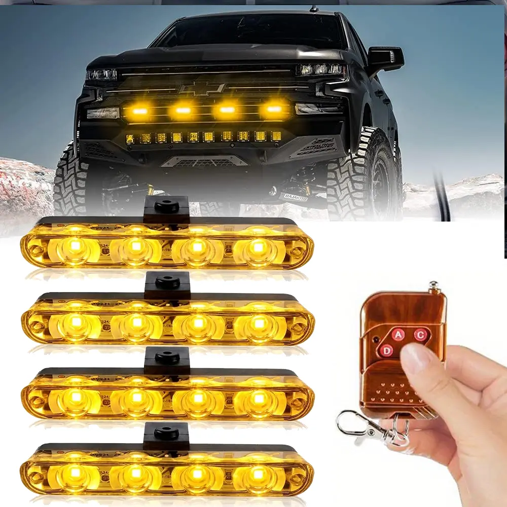 4PCS 16-LED Grille Lights with Wireless Remote - Luces LED para Parrilla de Troca, No Drilling 12V Clip-On Front Grill Lights for Truck SUV