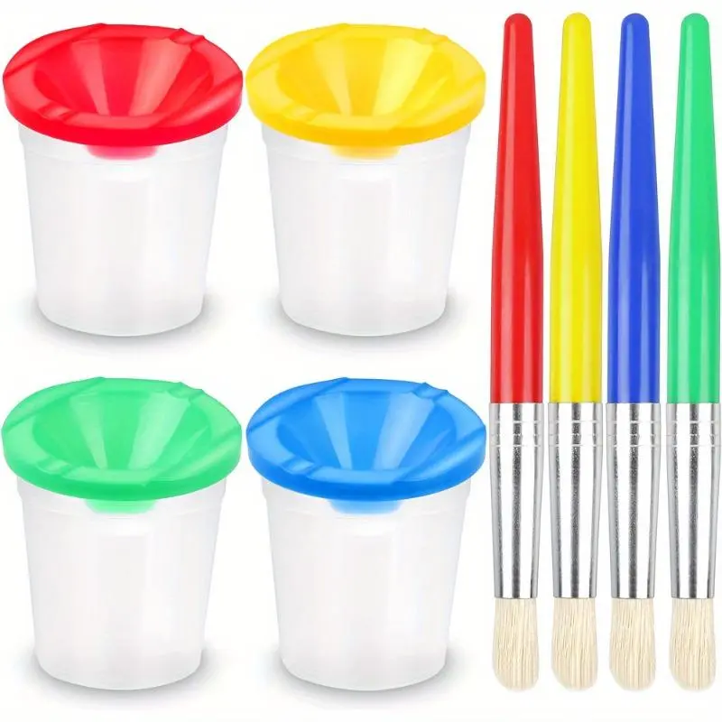 Spill Proof Paint Cups With Pastel Color Lids With 4pcs Paint Brushes, Great Painting Tools, Painting Supplies