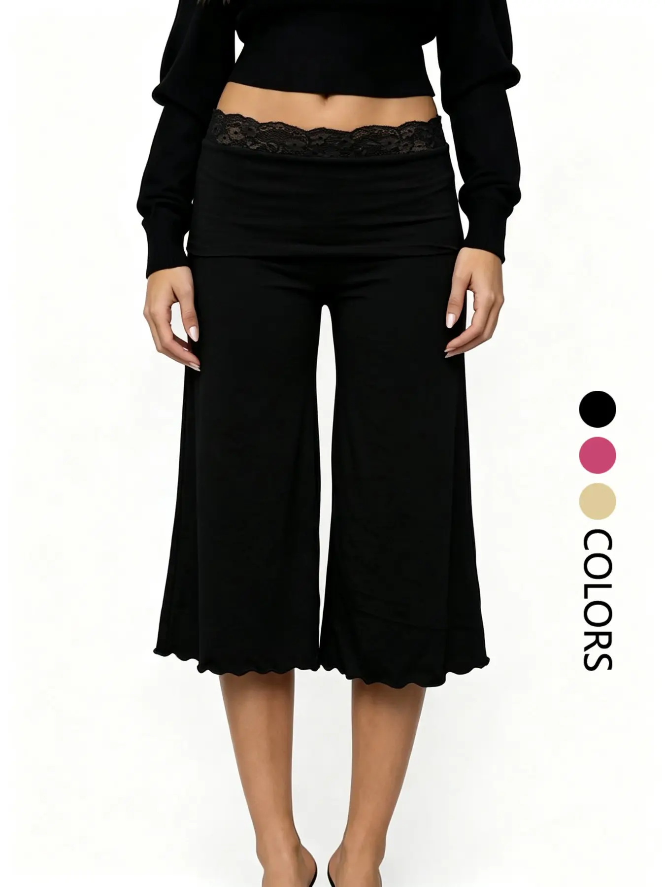 3 Colors Available Stretch Soft Knit Lace Foldover Low Rise Y2K Cropped Wide Leg Pants for Women, Elastic Wavy Hem Culottes, Trendy 00s Aesthetic Streetwear Daily Lounge Bottoms, Slim Fit Flare Capri Pants Versatile Going Out Casual Wear Fashion Outfits