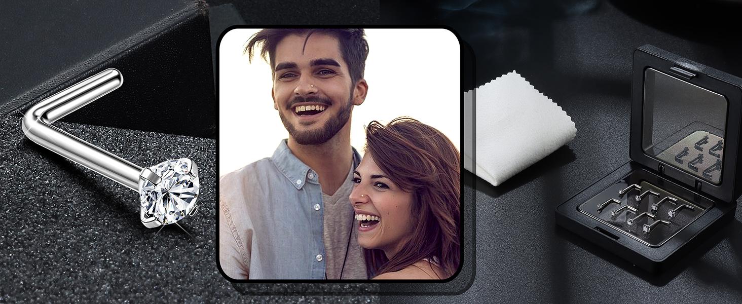 LOYALLOOK 8counts Nose Rings Studs Titanium Nose Rings 20G/18G Corkscrew Nose Ring L Shape Nose Studs Diamond CZ Silver Gold Nose Screw Rings Studs Hypoallergenic Nose Piercing Jewelry 1.5mm 2mm 2.5mm 3mm Gauge Size Trendy Modern Fashion