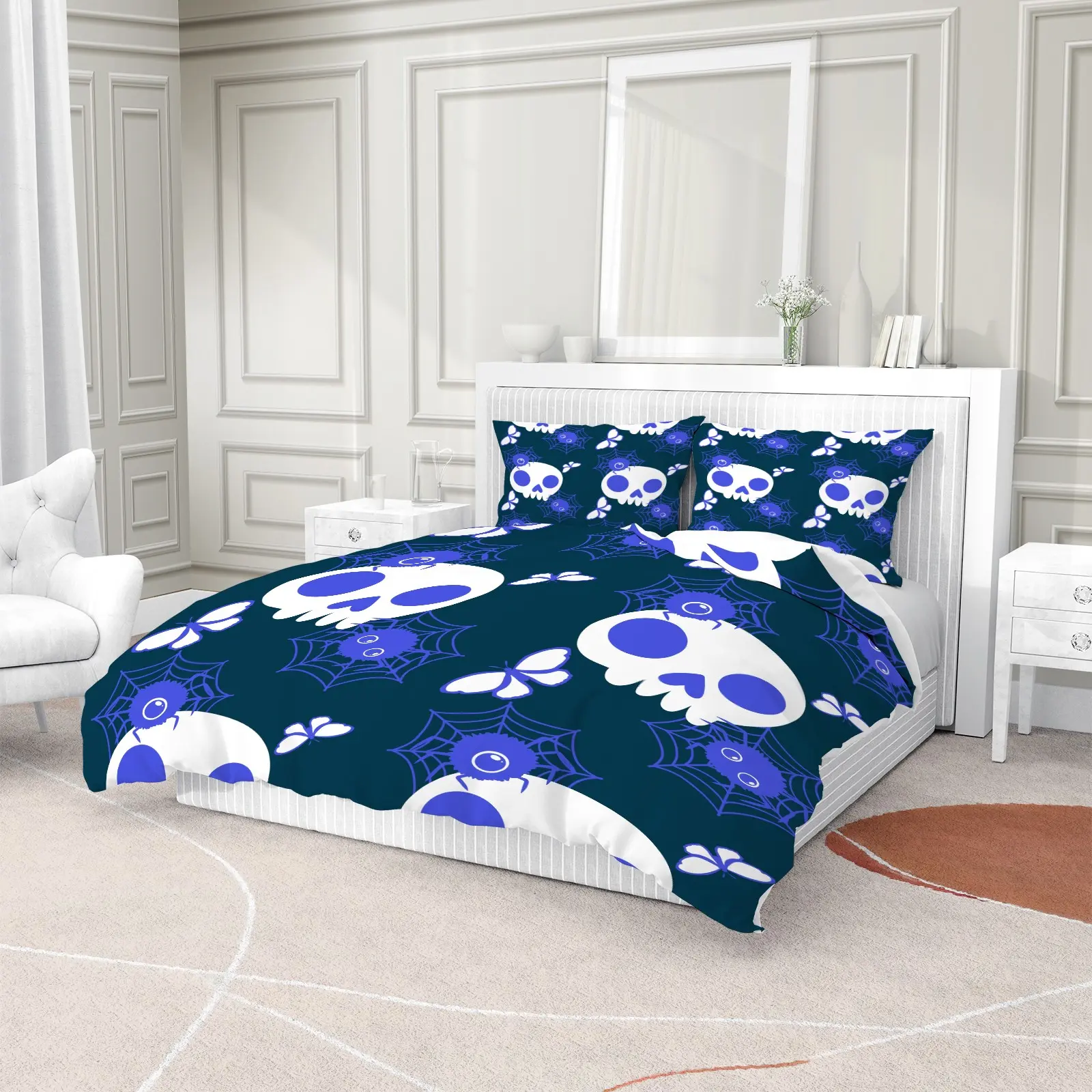 Dark Teal Cartoon Skull Spider Web Butterfly 2/3Pcs Duvet Cover Set, Purple Gothic Halloween Aesthetic Bedding Set--1 Duvet Cover + 1/2 Pillowcases (No Inserts), Spooky Gothic Halloween Themed Bedding For Bedroom Decor Birthday Housewarming