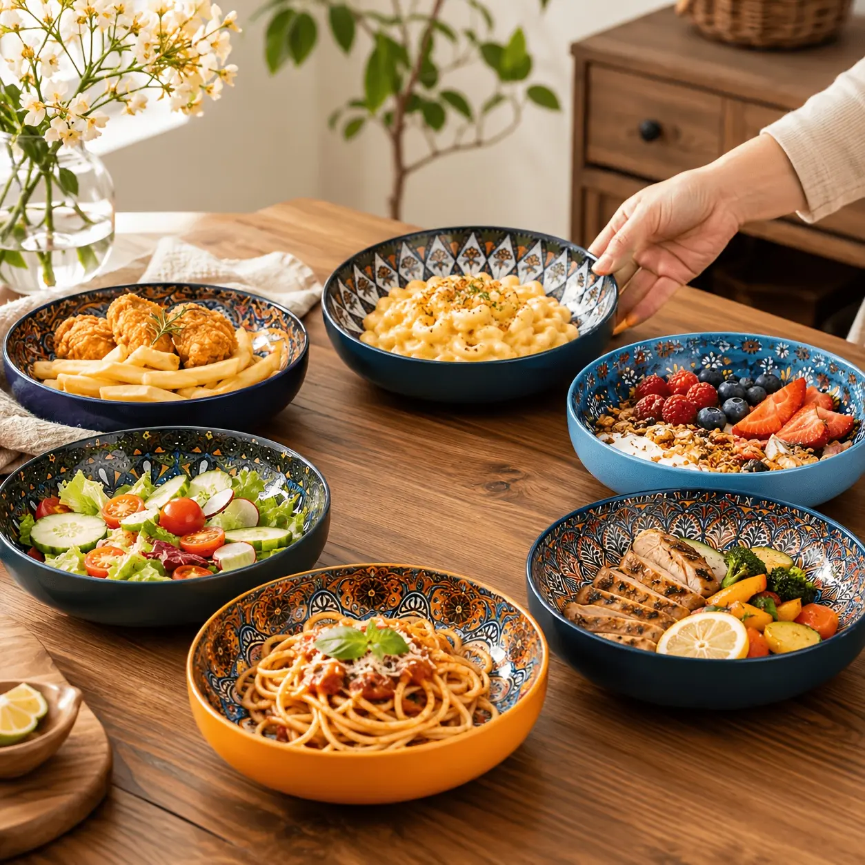 NTKOW 6pcs 7-Inch 8-12oz Bohemian Ceramic Deep Plate Set, Premium Serving Dishes for Salads, Main Dishes & Desserts, Professional Quality Tableware for Everyday Home Dining, Elevates Home Aesthetics
