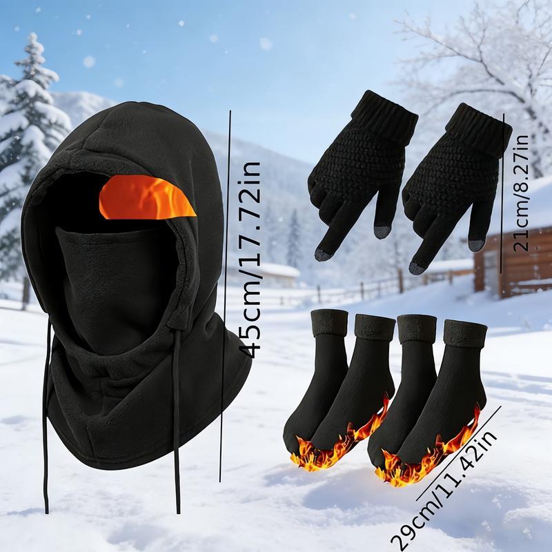 3 or 4-Piece Winter Warmth Set - Windproof and Warm Full-Face Mask Hooded Jacket, Gloves, and Thermal Socks - Extreme Cold Weather Gear for Skiing, Cycling, Snowboarding - Unisex for Adults (Hand Washable) - Ideal Christmas and New Year Gift 3 or 4-Piece Winter Warmth Set - Windproof and Warm Full-Face Mask Hooded Jacket, Gloves, and Thermal Socks - Extreme Cold Weather Gear for Skiing, Cycling, Snowboarding - Unisex for Adults (Hand Washable) - Ideal Christmas and New Year Gift
