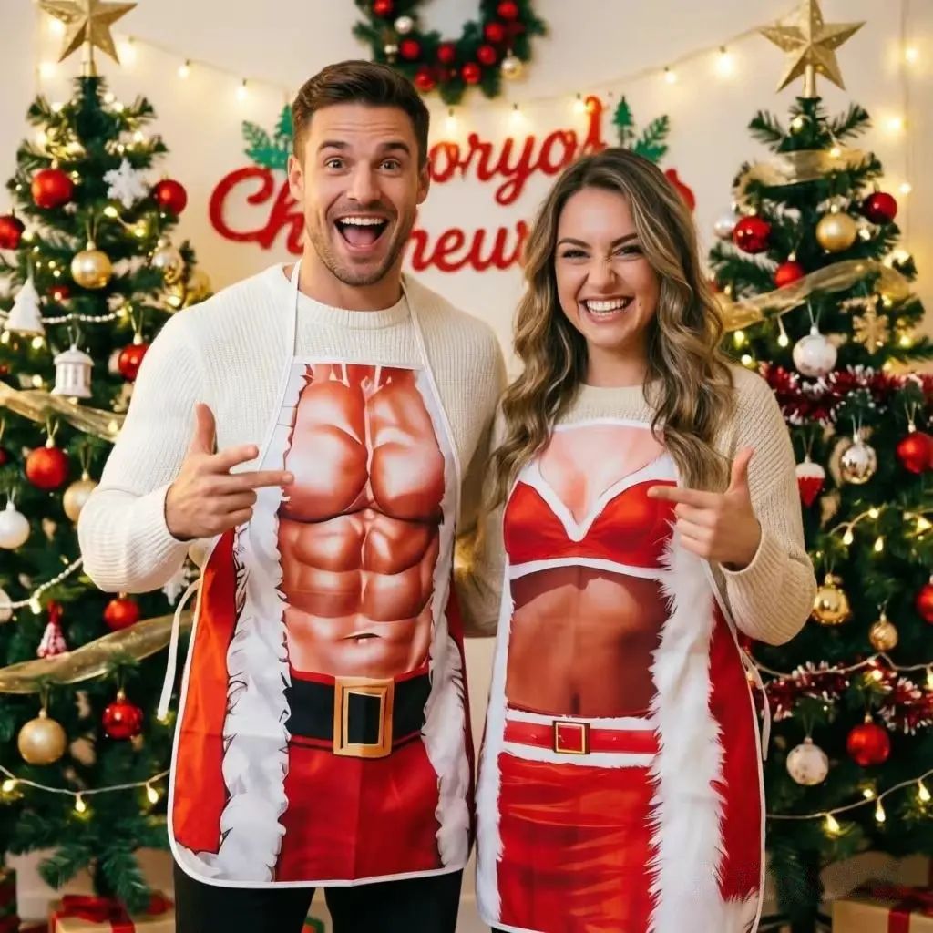 Christmas Creative Couple Apron Set, Muscle Print Fun Apron, Polyester Waterproof Stain-Resistant, Kitchen Cooking Apron, Party Costume, Holiday Gift, Funny Aprons