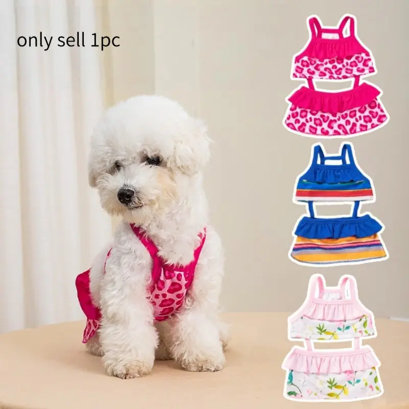 Cute Summer Thin Strap Pet Swimsuit Dress, Lightweight Leopard Floral Striped Puppy Bikini Outfit, Breathable Anti-Fuzz Clothes for Small Dogs Cats, Ideal for Bichon, Golden Shaded Kitten, Beach Swimming Bathing Wear, Soft Cool Pet Costume