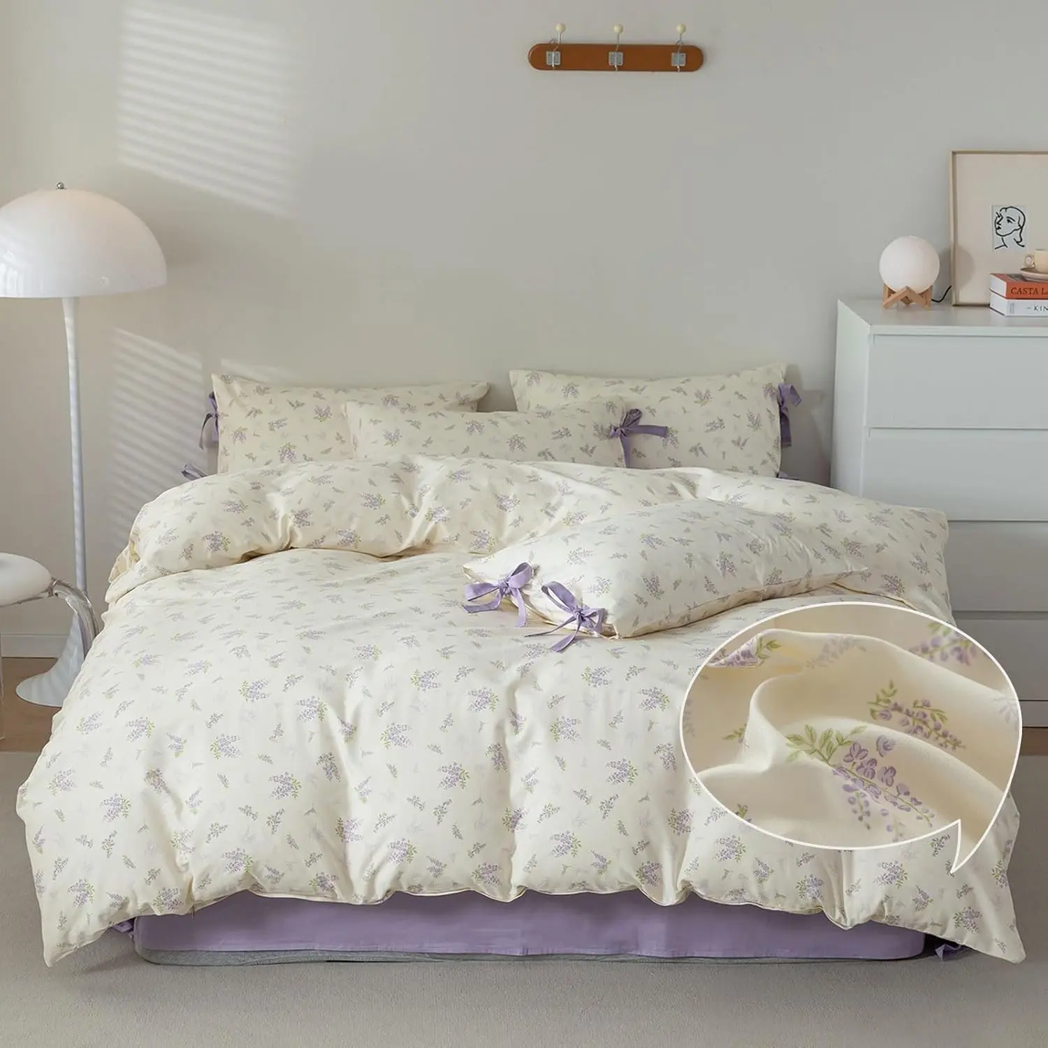 VM VOUGEMARKET Purple Flower Duvet Cover Set Full 3 Pieces Cream Duvet Cover with Bow Ties,Cottagecore Bedding Set 100% Cotton Vintage Country Comforter Cover for Teens Girls Without Filling-80 x90