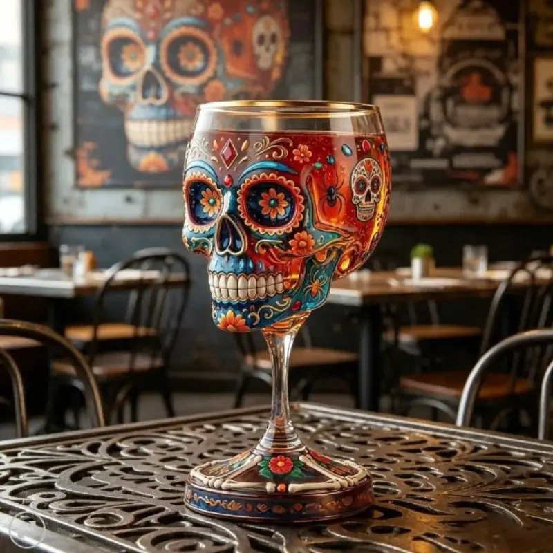 Day of the Dead Collector Cup - Handmade Skeleton Wine Glass, Skull & Floral Art Crystal Glass Cup, Perfect for Gothic Style Home Bar & Altar Decor