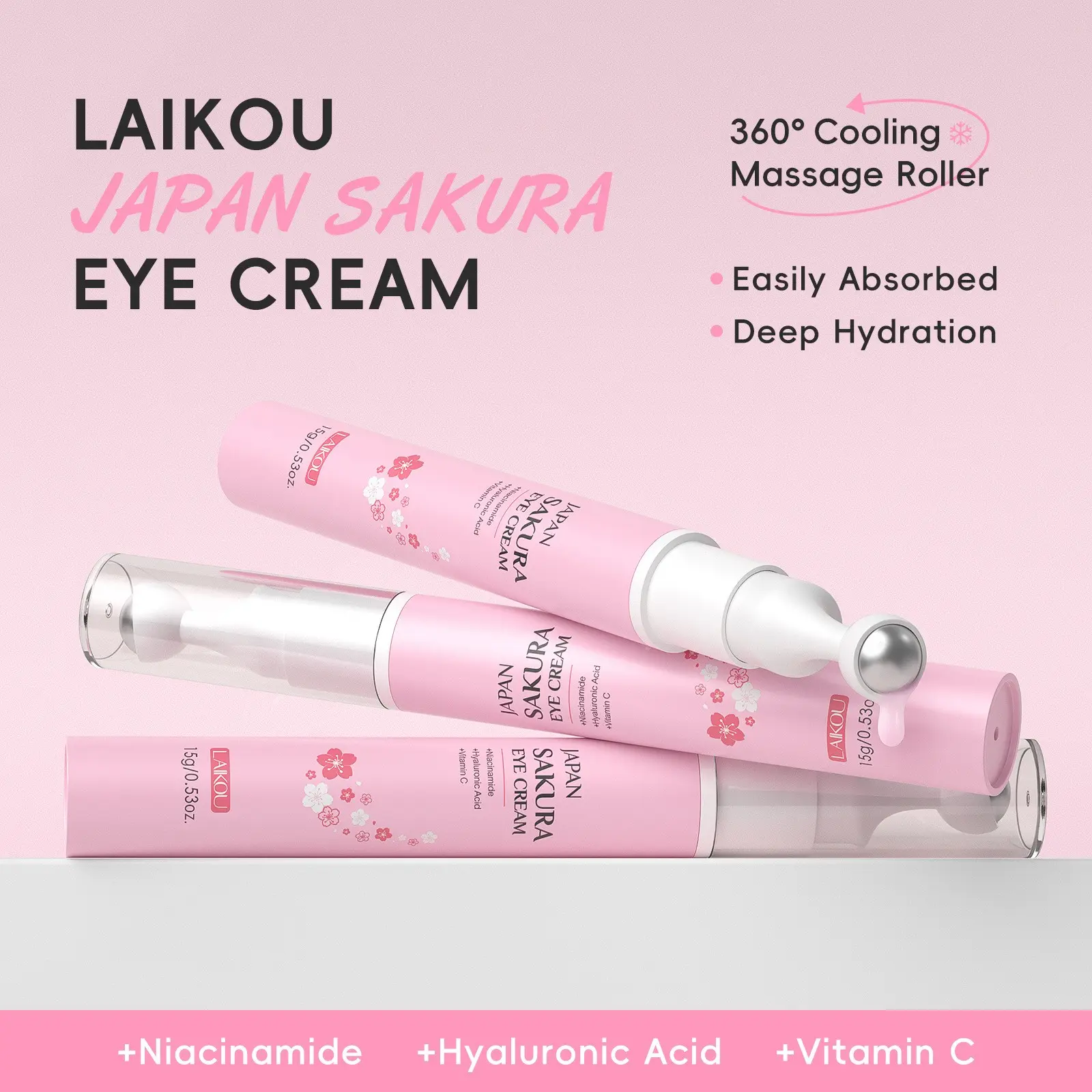 Cherry Blossom Vitamin C Eye Cream 15g, Contains Cherry Extract, Vitamin C, Niacinamide, Caffeine, Cooling Roller Massage, Reduces Puffiness, Dark Circles, Fine Lines, Hydrating, Moisturizing, Brightening, Portable Travel Size