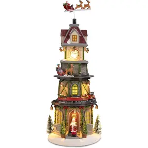 Christmas Village Collectible Buildings, Clock Tower Figurine with Revolving Train Music, Warm Light Christmas Ornaments for Holiday Decorations