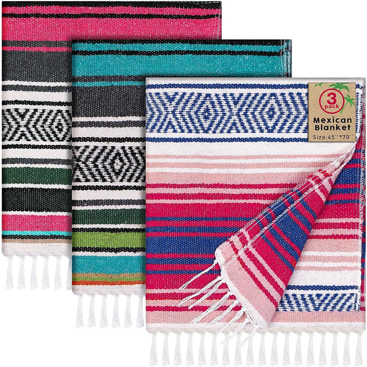 3 Pack Mexican Blankets 45 x 70 Inch Woven Serape Throw Blanket, Baja Yoga Blanket for Beach Picnic Camping Boho Couch Decor Travel Outdoor (Classic Color)