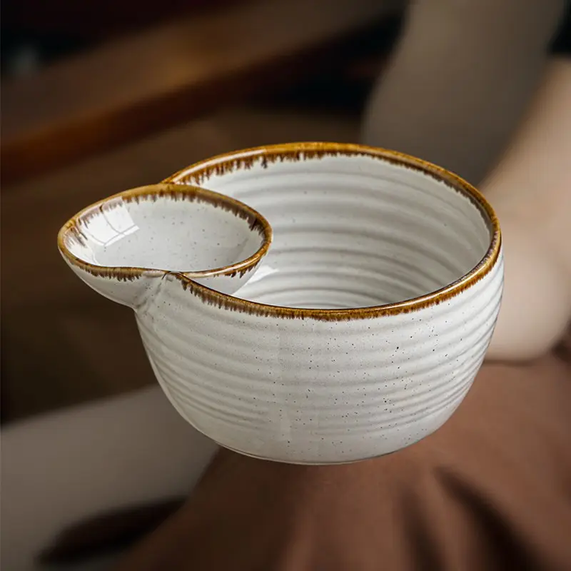 Vintage Divided Single Ear Bowl for One Person, Ceramic Dumpling Bowl with Vinegar Dish, Microwave Safe, Home Use, Tableware, Ceramic Bowls, Kitchenware Ceramics