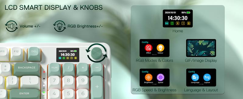 REDRAGON K719 Wireless Gasket Gaming Keyboard with Hype Screen, 95 Keys, 5-Layer Noise Dampening, Custom Linear Switch, Jade Cloud Color