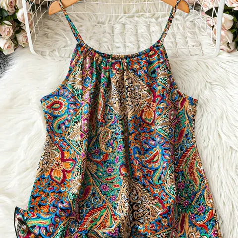 Summer Women's Boho Chic Vacation Cami Top, Sexy Print Ruched Versatile Cool Camisole, Perfect for Beach & Casual Wear