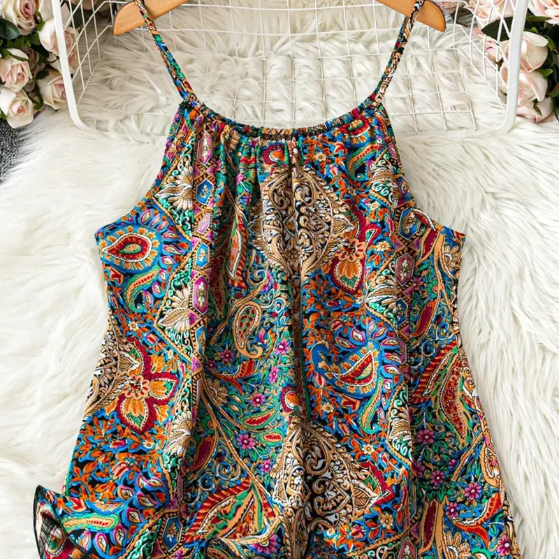 Summer Women's Boho Chic Vacation Cami Top, Sexy Print Ruched Versatile Cool Camisole, Perfect for Beach & Casual Wear