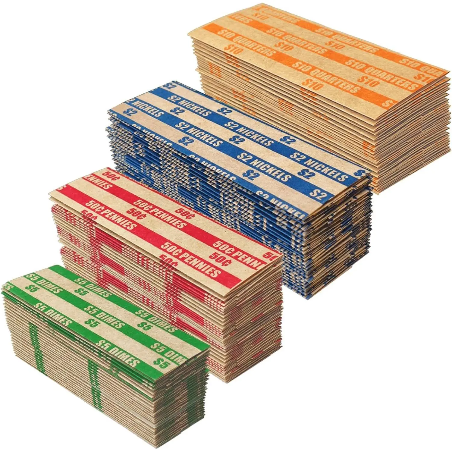 600Pcs Coin Wrappers, 150 Each for Quarters, Pennies, Dimes, Nickels, Assorted Striped, Standard Size for Banks, Stores & Offices