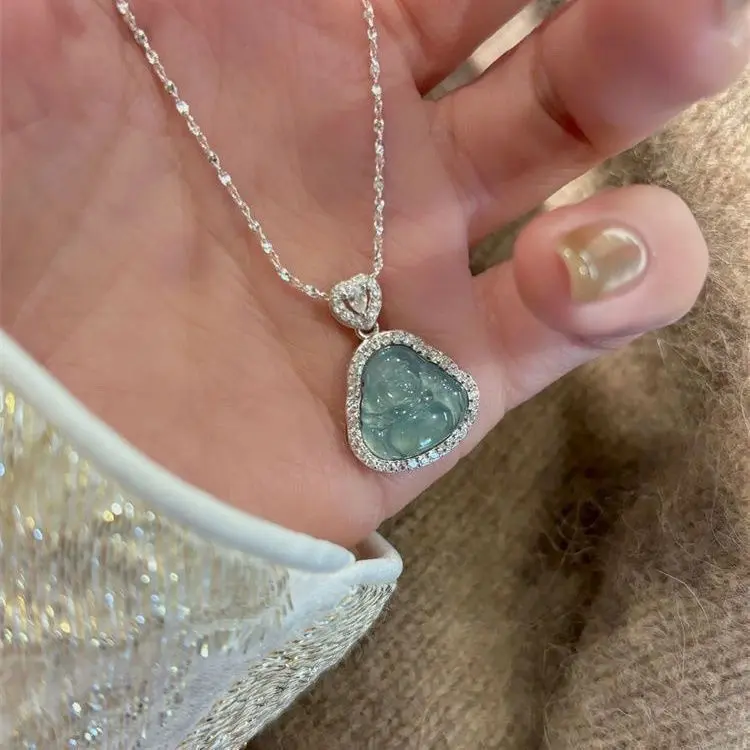 Chinese Style Alloy Pendant Necklace for Women, Minimal Elegant Maitreya Buddha Charm with Zircon, Light Luxury Jewelry, Female