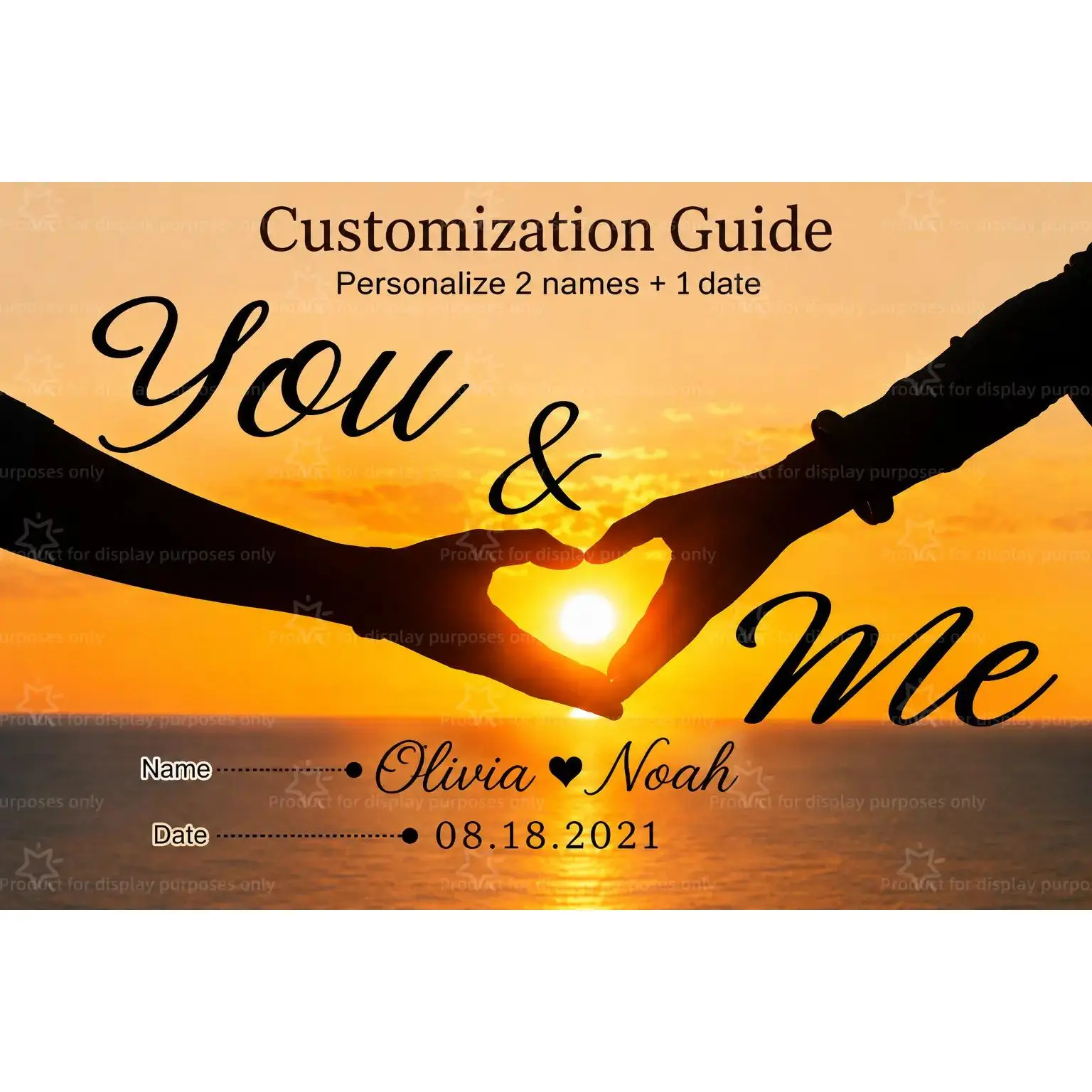 Custom Sunset Couple Canvas Poster Personalized 2 Names Date Print, Romantic Hands Heart Wall Art, Anniversary Wedding Gift, Bedroom Living Room Decor, Aesthetic Poster Print, Custom Canvas Wall Decor