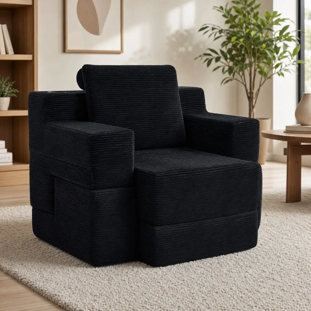 ARCH Multi-Functional Convertible Compression Sofa Desk, Single Seat Corduroy Upholstered 2-in-1 Computer Workstation and Office Desk for Small Spaces, Dorm Rooms, Home Office, Black, Black Color Options, Corduroy Material, 1 Seat Seat Count