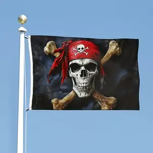Vintage Pirate Jolly Roger Flag - Banner with Skull, Red Bandana & Crossbones, 2x3ft & 3x5ft Lightweight Flag for Home, Yard & Pirate Enthusiast Decor