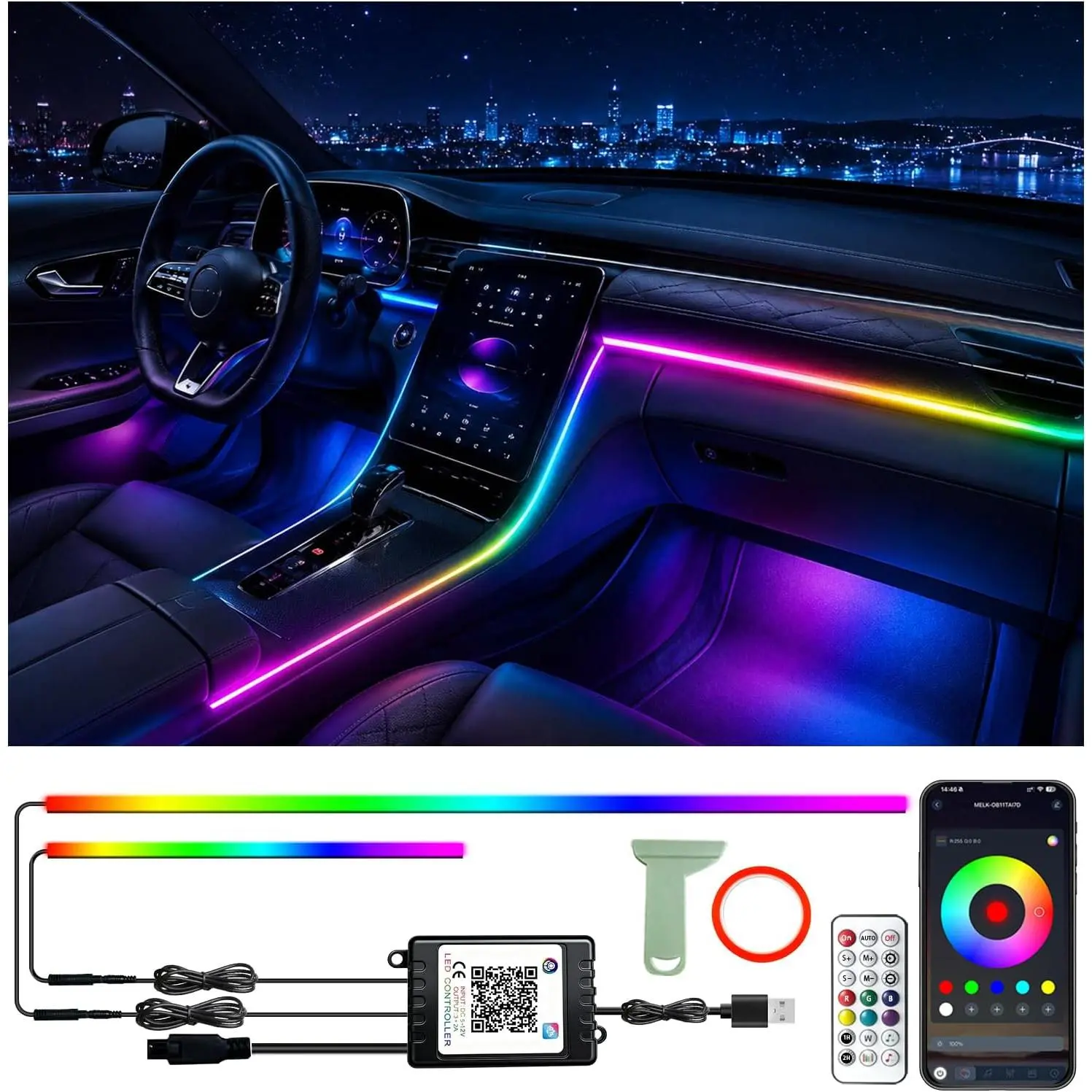 RGB-IC  Led Strip Lights, Interior  Lights, App and Remote Control Ambient Lighting Kit with 16 Million Colors Fiber Optics& Sync Rhythm, USB Neon Light Accessories for Center Console&Door