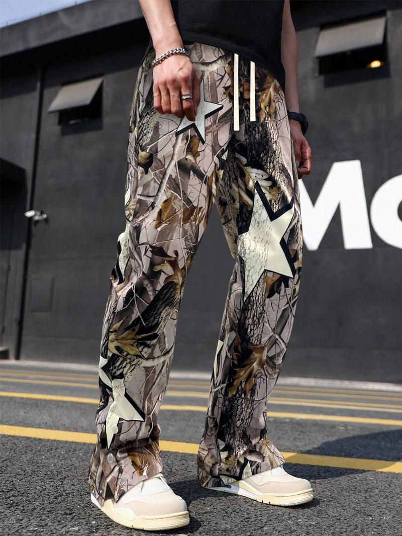 Menswear Loose Camo/Tree Print Drawstring Waist Pants, Casual Outdoor Pants, Casual Street Fashion Button Design Pocket Trousers for Daily Wear, Mens Bottoms for All Seasons, Earthtone Fallfreshness, Fall Gift