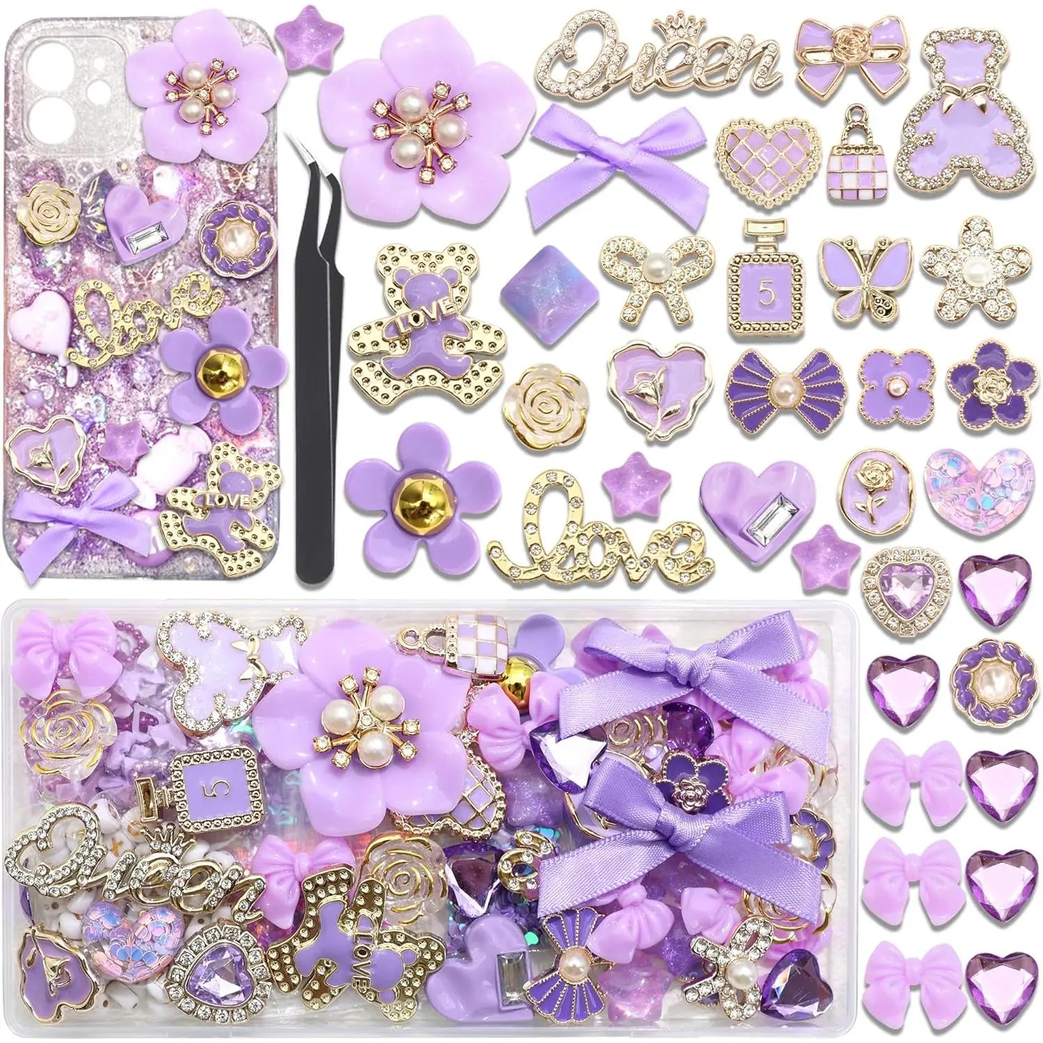 Junk Case Charms Kit Purple Bow Flower Butterfly Charms for Junk Cases Resin Bear Heart Rose Cell Phone Case Charm 3D Star Big Charm for Customizing DIY Craft Accessories