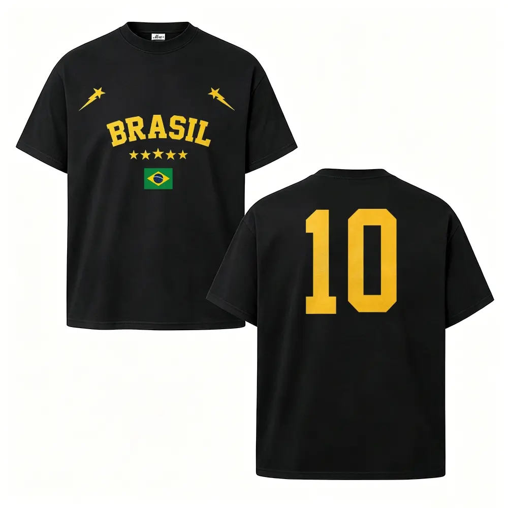 Men's Short Sleeve Brazil Soccer T-Shirt, Retro No. 10 Graphic Print Jersey in 180 GSM Heavyweight Cotton, Basic Unisex Crew Neck Tee