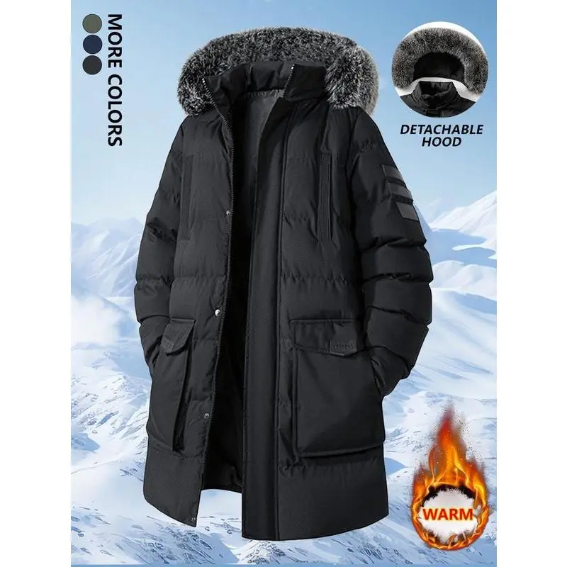 Medium-length military coat with down insulation, men's version, 2025 winter model, fleece-lined and thick, workwear-style padded jacket.