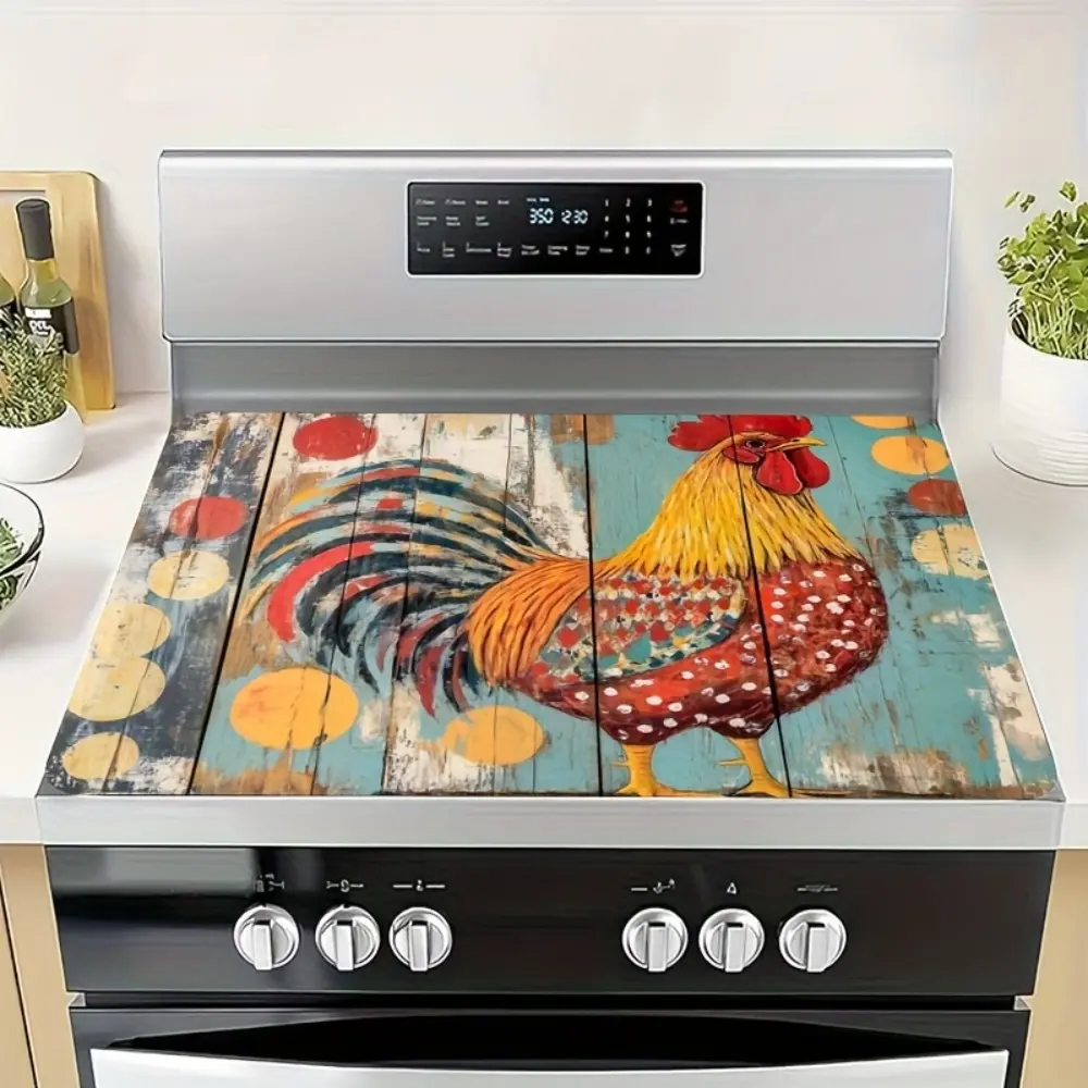 Rural farmhouse rooster pattern design rubber stove protective cover - heat-resistant, non slip, absorbent, easy to clean, oven mat, refrigerator mat, kitchen stove cover, suitable for surface protection of ovens, washing machines and appliances