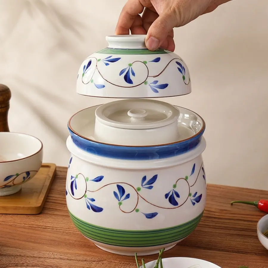 Durable Ceramic Brine Jar Set, Large Capacity 2000ML Fermentation Container, Food Storage Containers, Includes Inner Lid and Bowl, Ideal for Kitchen and Restaurant Use