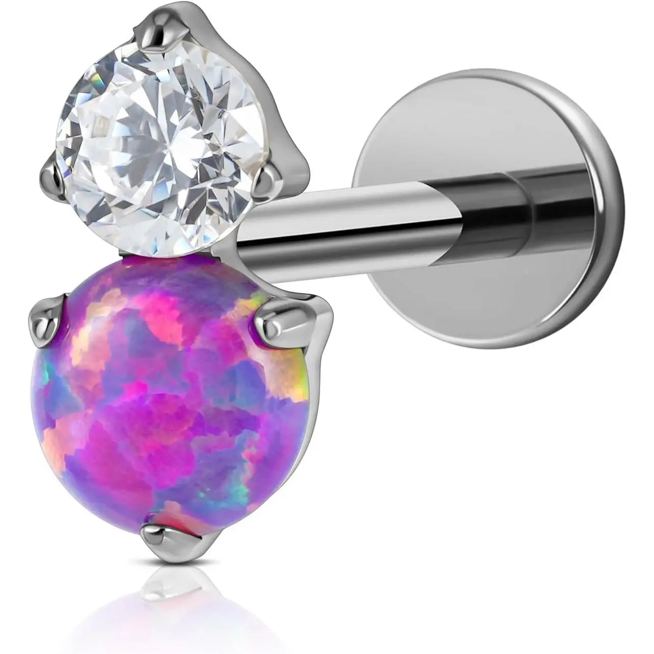 16G Opal Cartilage Earring, ASTM F136 Titanium Internally Threaded Flat Back Stud with 6mm & 8mm Bars for Tragus, Helix, Conch, Nickel-Free Single Count Anniversary Gift, Opal Top