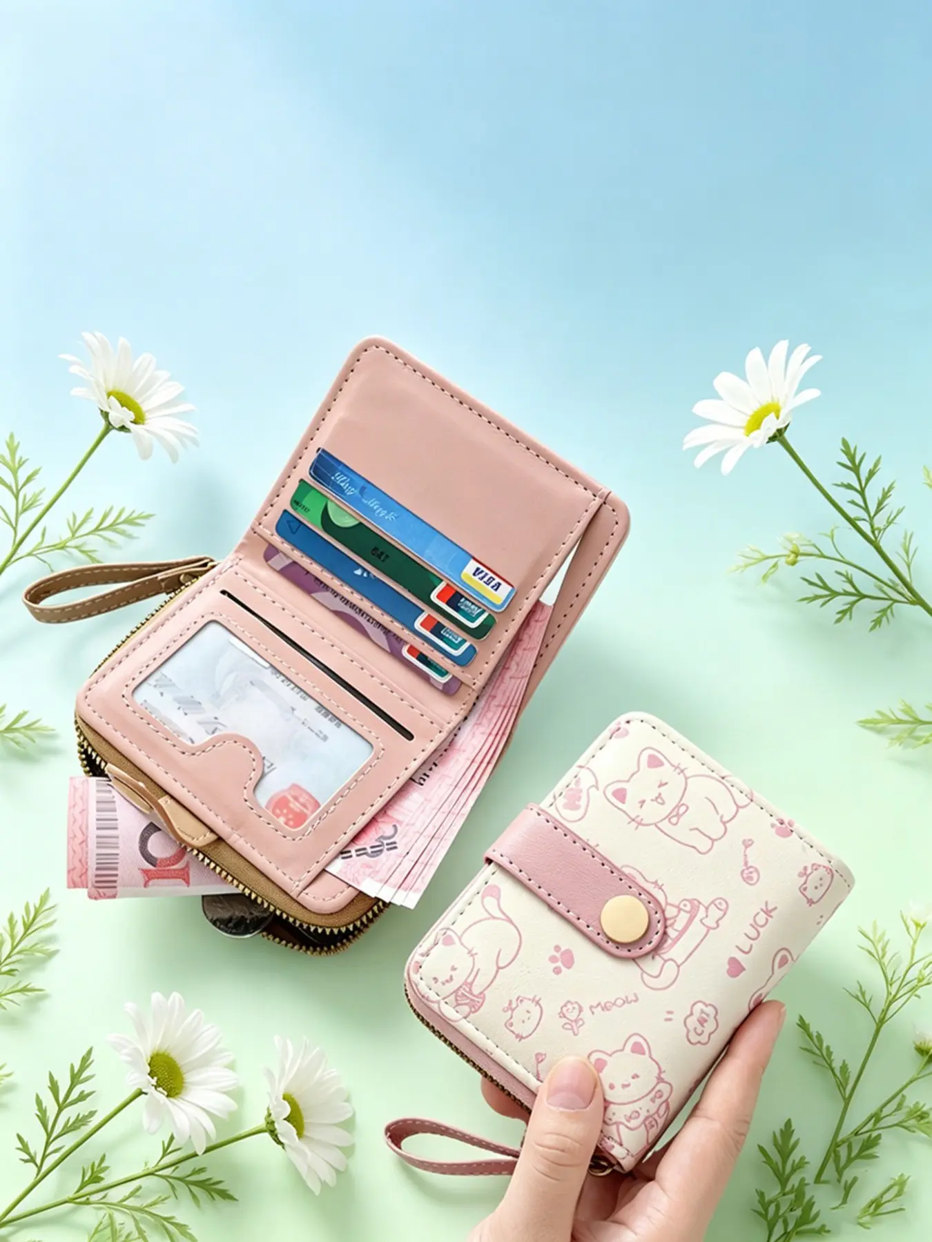 Cute Cat Print Women's Wallet, Original Simple Japanese Style Three-Fold ID Card Holder, Short-Length Ladies Coin Purse Handbag Trifold Zip Card Slot Wallet