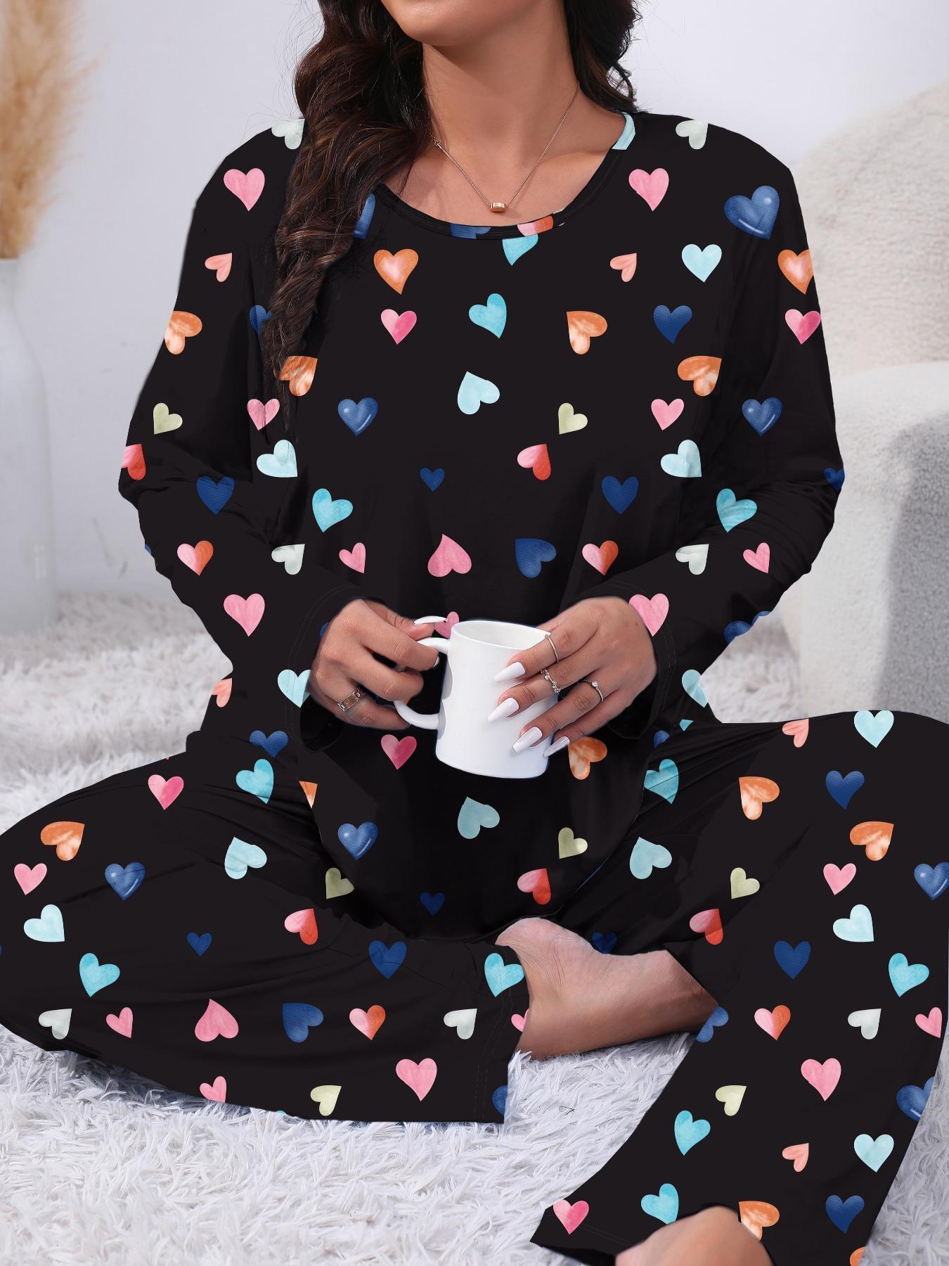Plus Size Two-Piece Heart Print Pajama Set, Casual Long Sleeve Tee & Pants, Women's Plus Sleepwear & Homewear for Spring & Fall