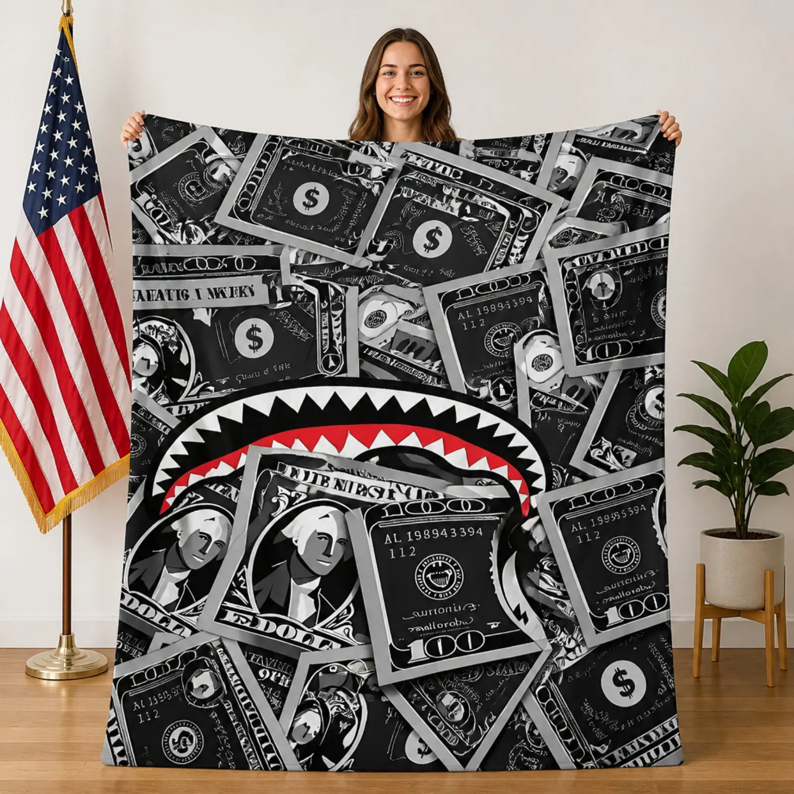 Black Dollar Bill Shark Mouth Ape Head Graphic Throw Blanket, Streetwear Hip Hop Fleece Blanket, Soft Cozy Money Pattern Camo Blanket for Kids & Adults, Lightweight Air Conditioner Blanket for Couch Bed Bedroom Dorm, Urban Home Decor Gift