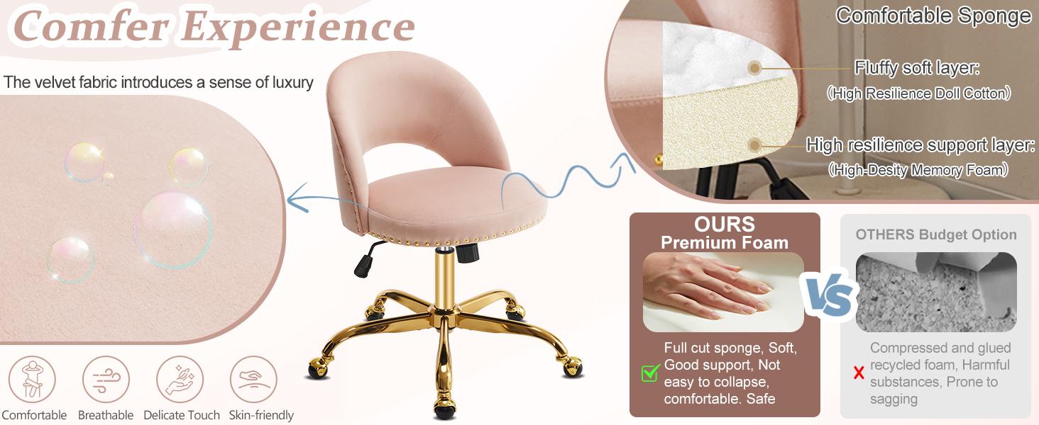 VINGLI Modern Velvet Small Office Chair,Cute Desk Chair with Wheels,Gold Base/Studs, Comfy Armless Swivel Vanity Task Chair for Women/Girl/Kids, Nail Tech Chair for Bedroom,Small Space,Pink