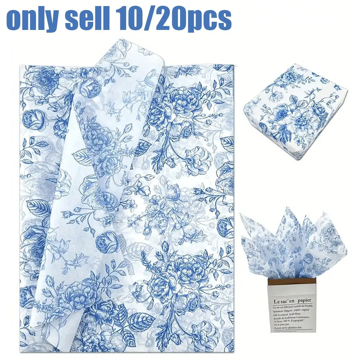 Blue Floral Thin Paper Gift Wrapping Paper, 20x28 Inches, Vintage Blue Peony Rose Pattern, High-Quality Durable Paper for Special Occasions