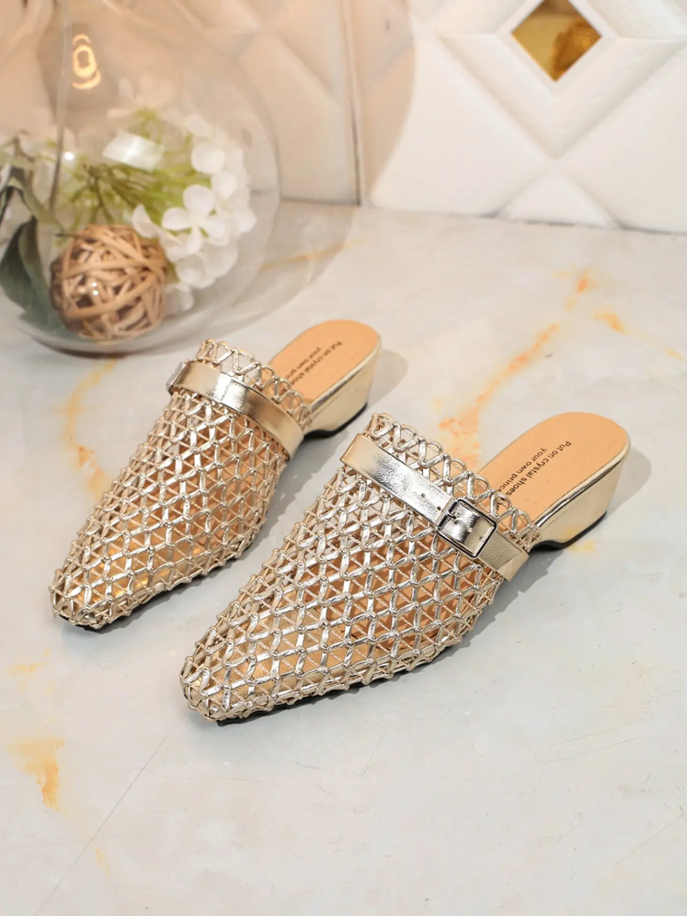 Hollow Out Mesh Women's Sandals, Low Heel Backless Mule Shoes, 3 Colors Silver Champagne, Casual Beach Footwear, Comfortable Design