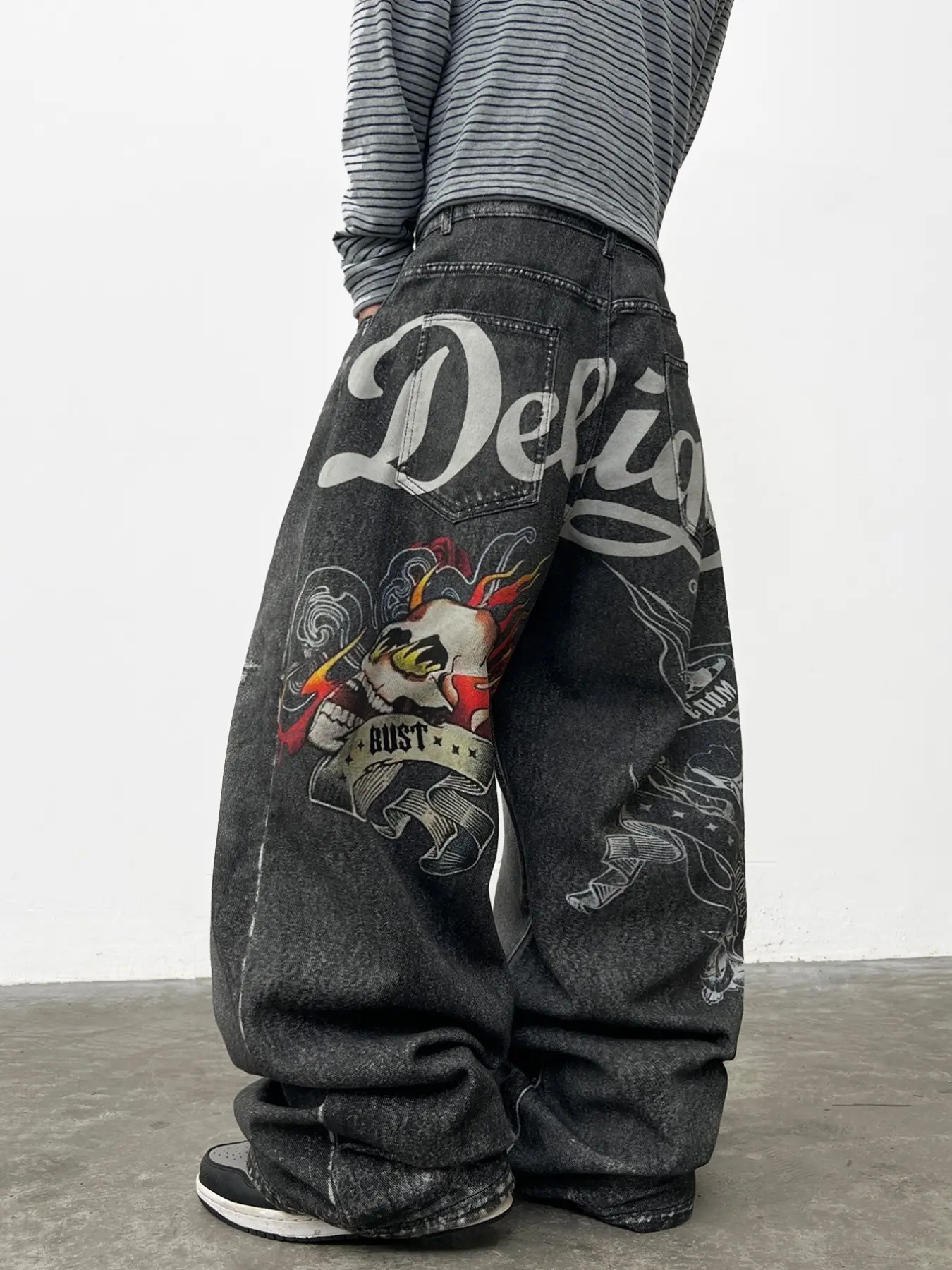 American Vintage Graffiti Skull Print Jeans, Loose-Fit Streetwear, Wide Leg Pants, All Seasons, Multiple Sizes Available