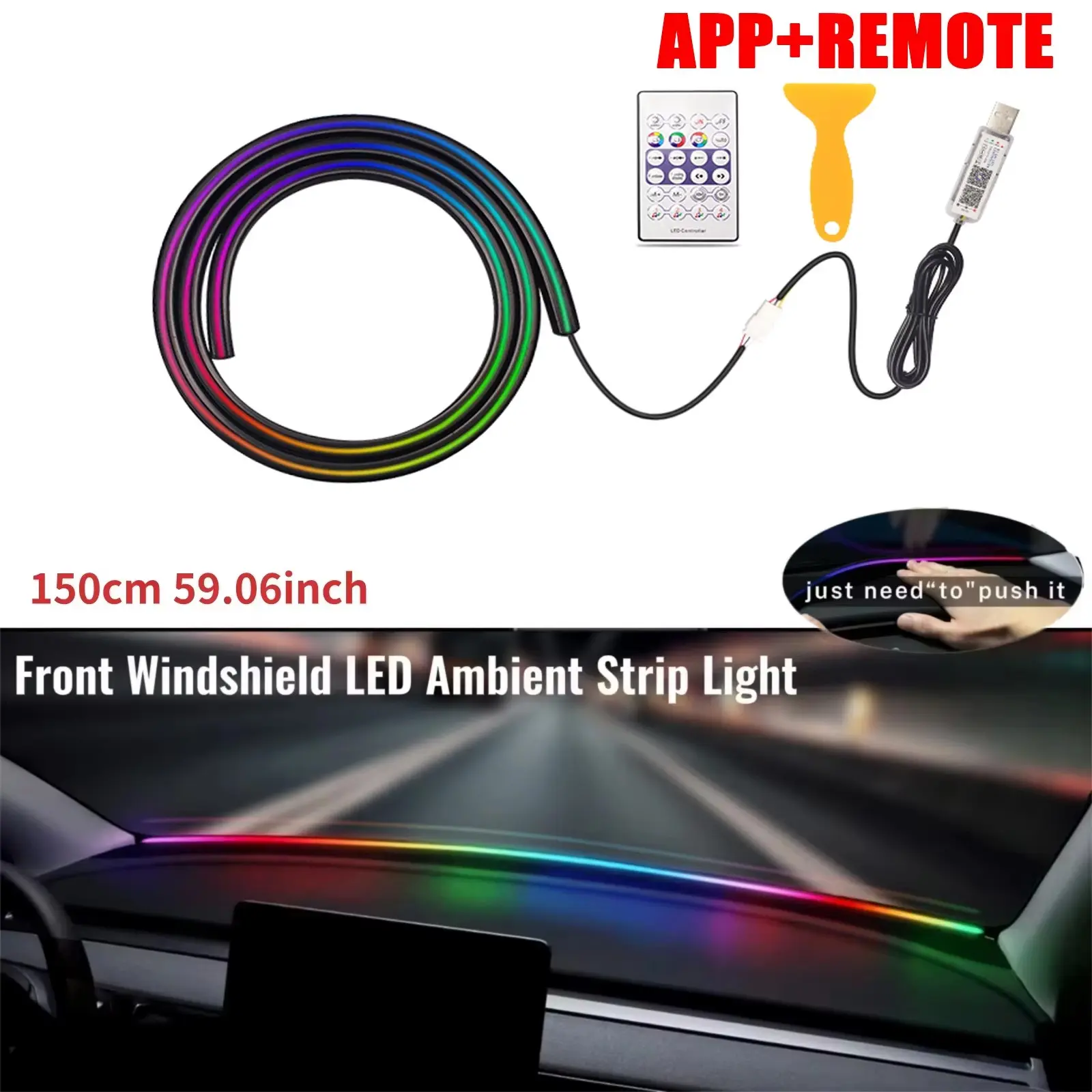 RGB Car Dashboard Ambient Light Strip, App & Remote Control USB Windshield Through Atmosphere Light, Music Sync Multicolor LED Interior Light, Free Cut Glare-Free Car Decor Light