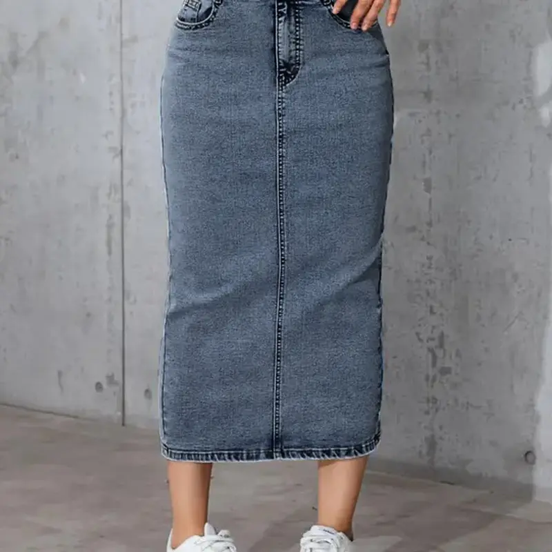 Women's Light Blue Light Wash Denim Midi Skirt, Casual High Waist Stretchy Jean Skirt, Versatile Summer Autumn Fashion, Simple and Elegant Design, Casual Slim Fitting Skirt