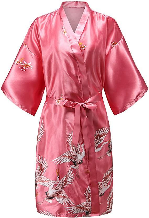 Silk Satin Wedding Bride Bridesmaid Robe Floral Bathrobe Short Kimono Robe Night Robe Bath Robe Fashion Dressing Gown For Women