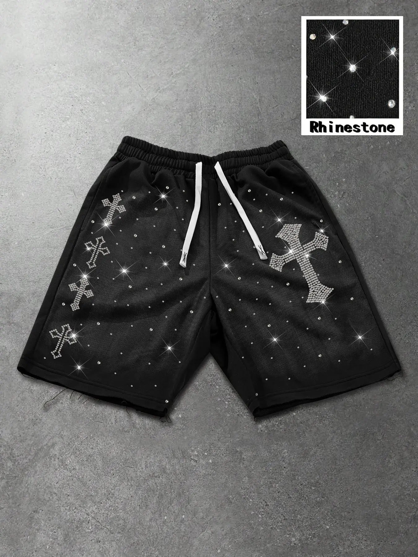 Men's Drawstring Casual Shorts, Cross Rhinestone Design, Frayed Hem, Breathable Fabric, Hip-Hop Style, Summer Outdoor Wear