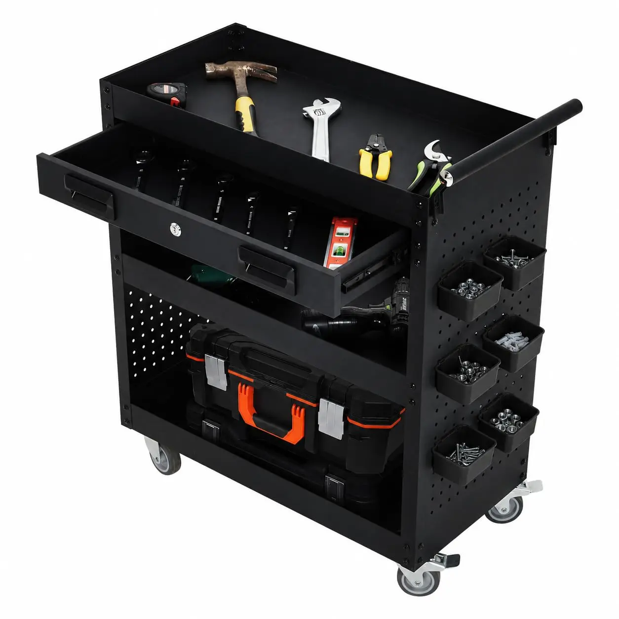 GARVEE 27 Inch Rolling Tool Cart on Wheels, 3 Tier Steel Utility Tool Cabinet with Drawer and Casters, Heavy Duty Tool Chest for Garage, Warehouse and Workshop