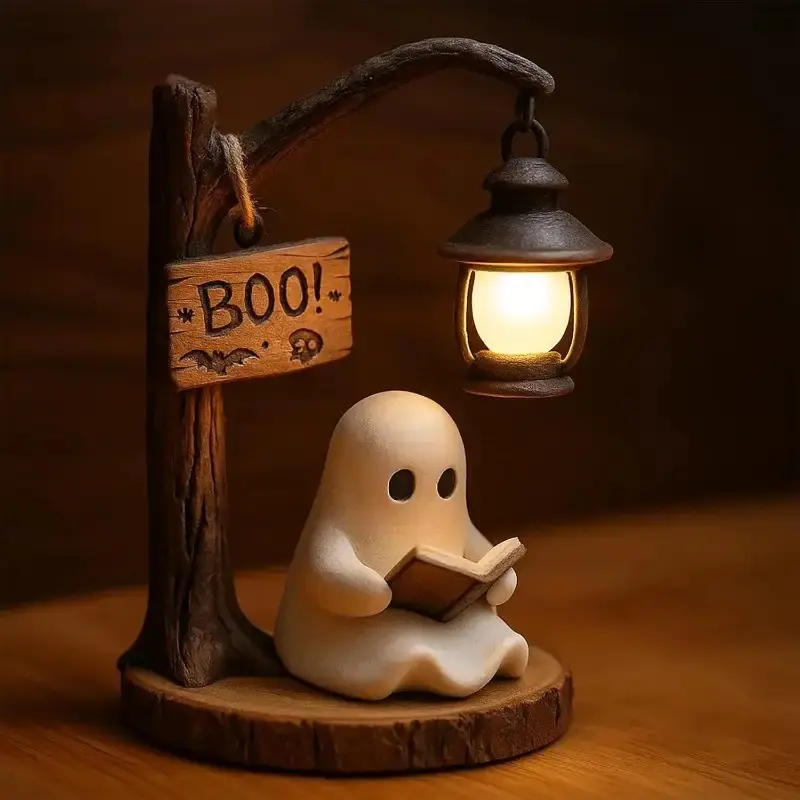 Halloween 3D Tree Night Light - Warm Glow Resin Reading Lamp Statue, Ghost-Themed Gift for Book Lovers, Exquisite Detail Decorative Light for Bedroom/Living Room/Desk/Fireplace