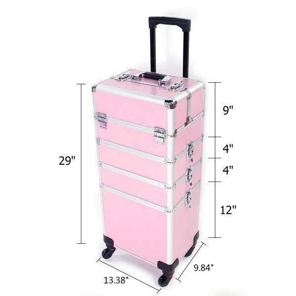 4 In 1 Aluminum Makeup Case Pink, Professional Cosmetic Storage Box for Makeup Tools Brushes and Accessories, Portable Beauty Organizer for Travel and Home Use